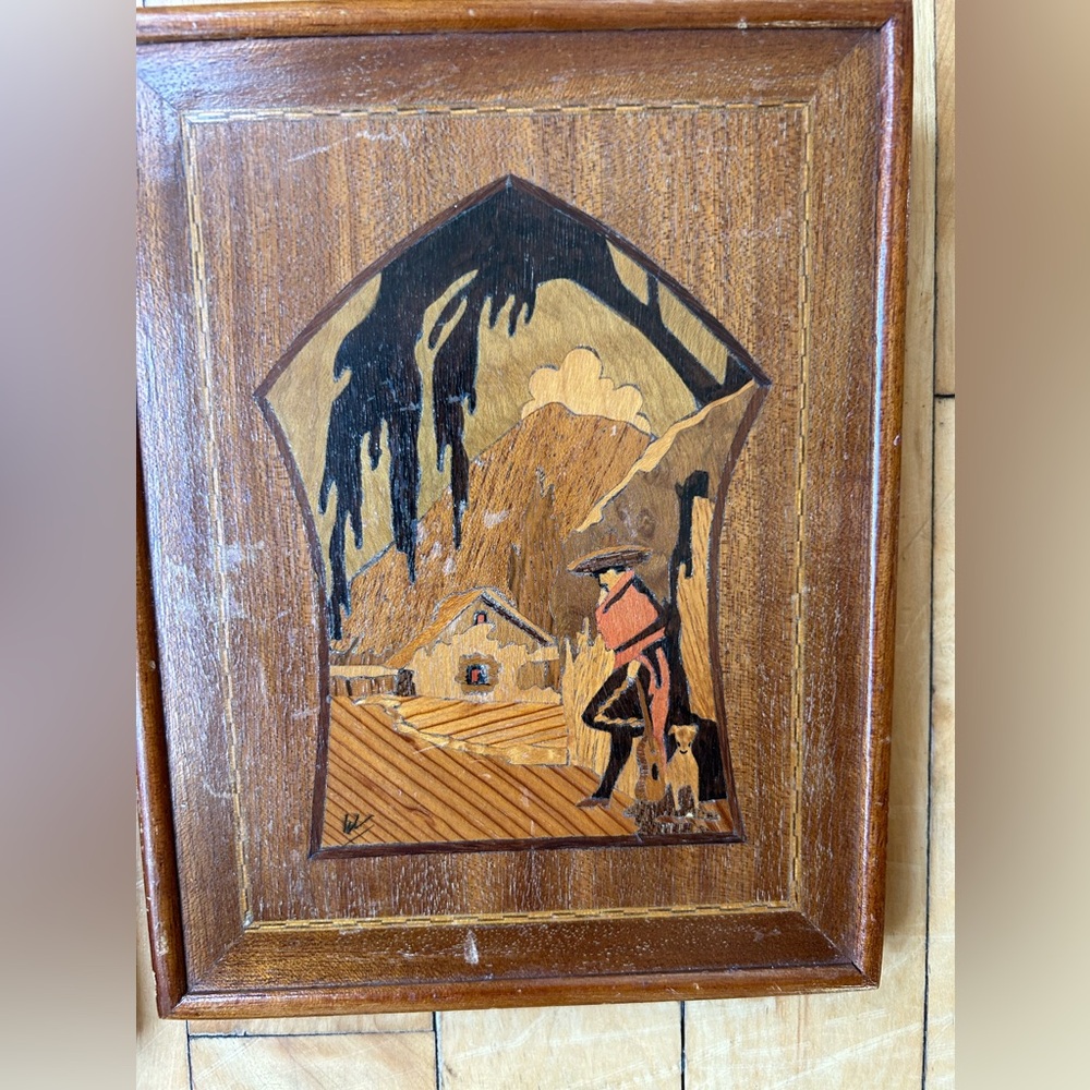 Vintage framed marquetry wood art brown tan man dog cart Jesus Salmon lot of two - Picture 2 of 9